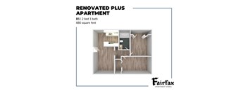 A floor plan of a renovated plus apartment with a 2 bed 1 bath layout.