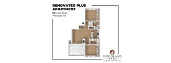 A floor plan of a renovated plus apartment by Woodland Oaks Apartment Homes.