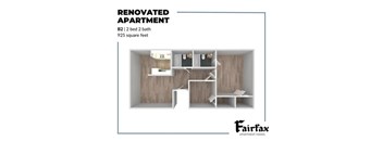 A renovated apartment with a B2 size and 2 bedrooms and 2 bathrooms.