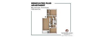 A floor plan of a renovated plus apartment with a B3 | 2 bed 2 bath and a width of 1,000 square feet.