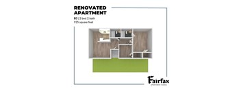 A renovated apartment with a B3 size, 2 bedrooms, 2 bathrooms and a total area of 925 square feet.