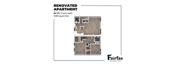 A floor plan of a renovated apartment with two bedrooms and one bathroom.