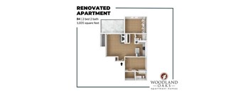 A floor plan of a renovated apartment by Woodland Oaks Apartment Homes.