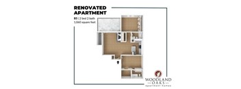 A floor plan of a renovated apartment by Woodland Oaks Apartment Homes.