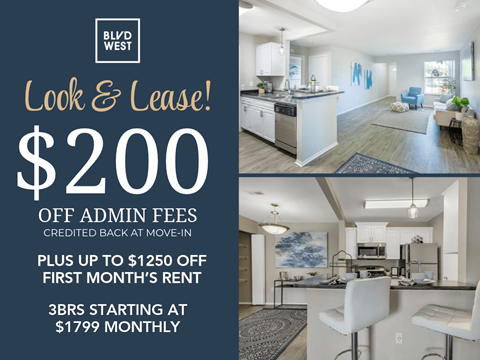 A promotional image for a BLVD WEST property offering $2.00 off admin fees and up to $1250 off the first month's rent.