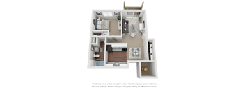 1 Bed 1 Bath 600 sq ft 3D floor plan.