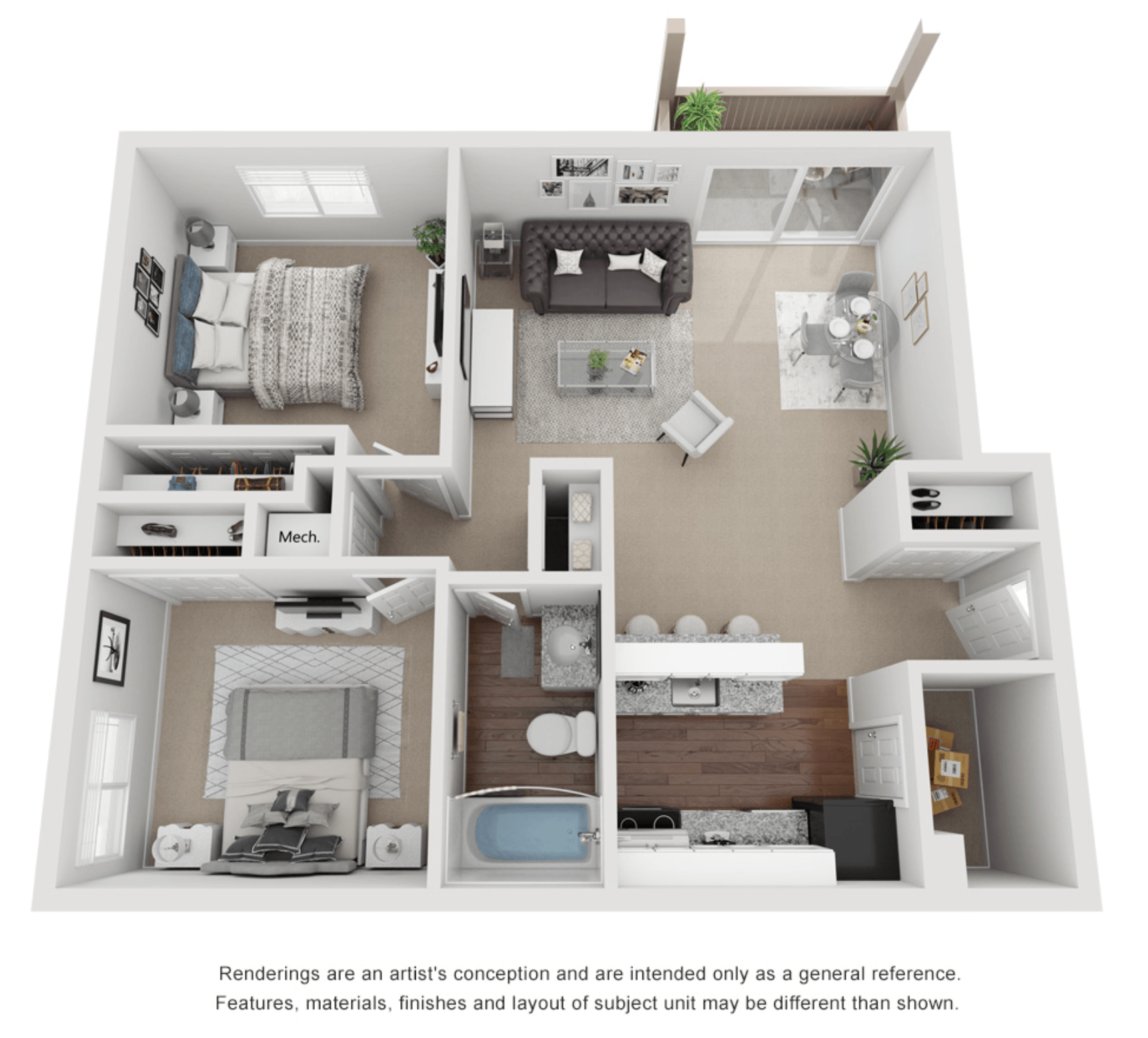 2 Bed 1 Bath 800 sq ft 3D floor plan.