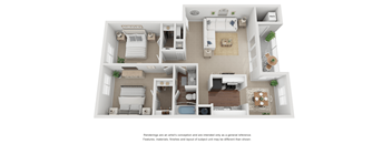 2 Bedroom 1 Bath Floor Plan 1034 sq ft 3D.