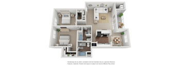 2 Bedroom 2 Bath Floor Plan 1108 sq ft 3D.
