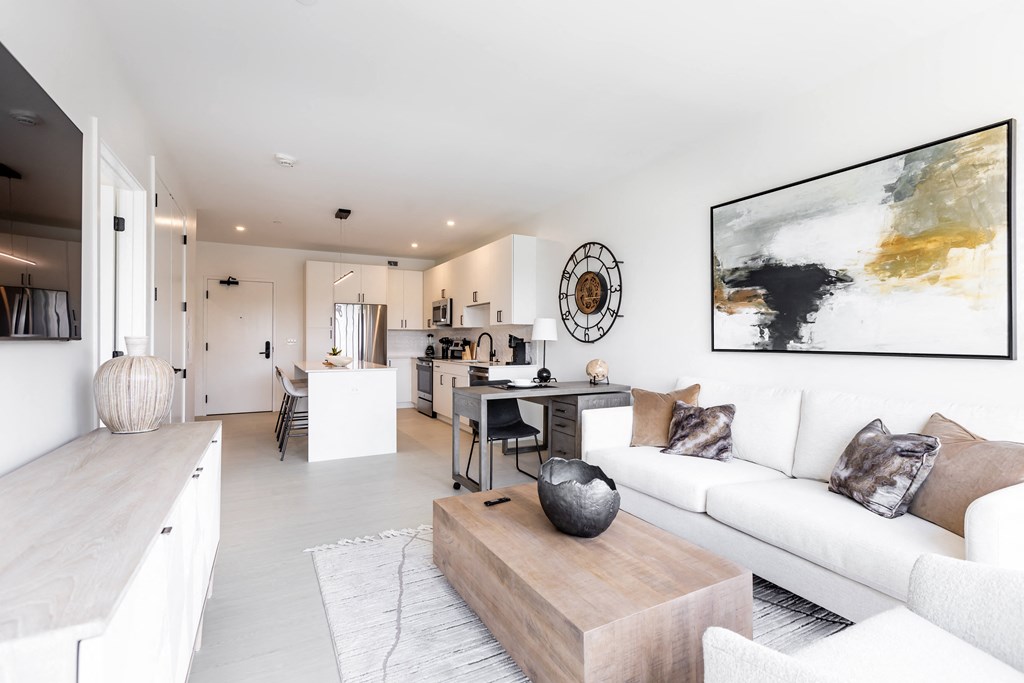 Open living room and kitchen space.