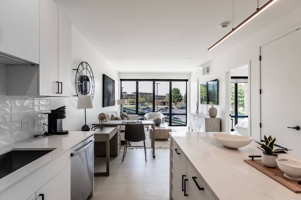 kitchen with a view of a dining room