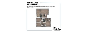 A diagram of a renovated apartment with a floor plan and details about the bathroom.