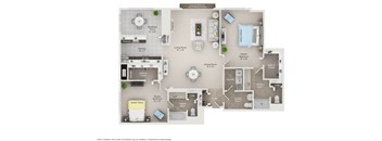 A floor plan of a residence with a living room, dining room, kitchen, and multiple bathrooms.