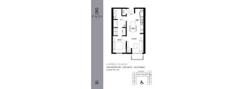 A floor plan of an accessible apartment with one bedroom and one bathroom.
