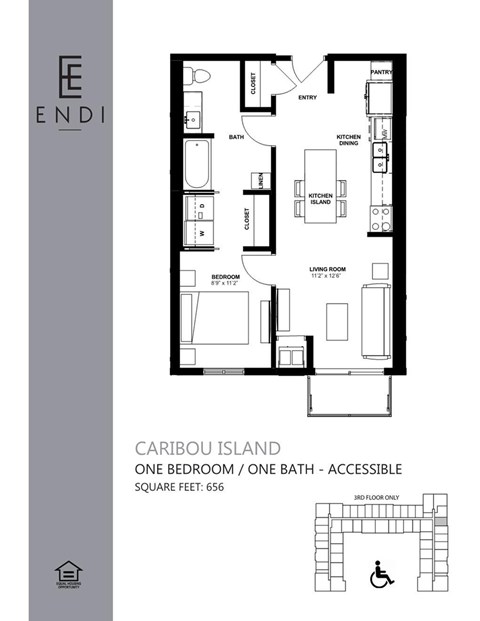 A floor plan of an accessible apartment with one bedroom and one bathroom.