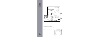 A floor plan for a one bedroom, one bathroom apartment at Copper Harbor.