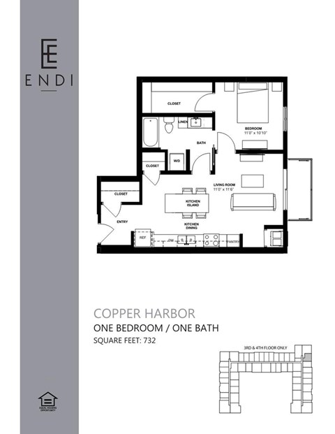 A floor plan for a one bedroom, one bathroom apartment at Copper Harbor.