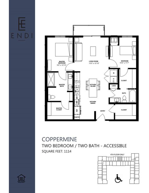 A floor plan of a coppermine accessible apartment with two bedrooms and two bathrooms.