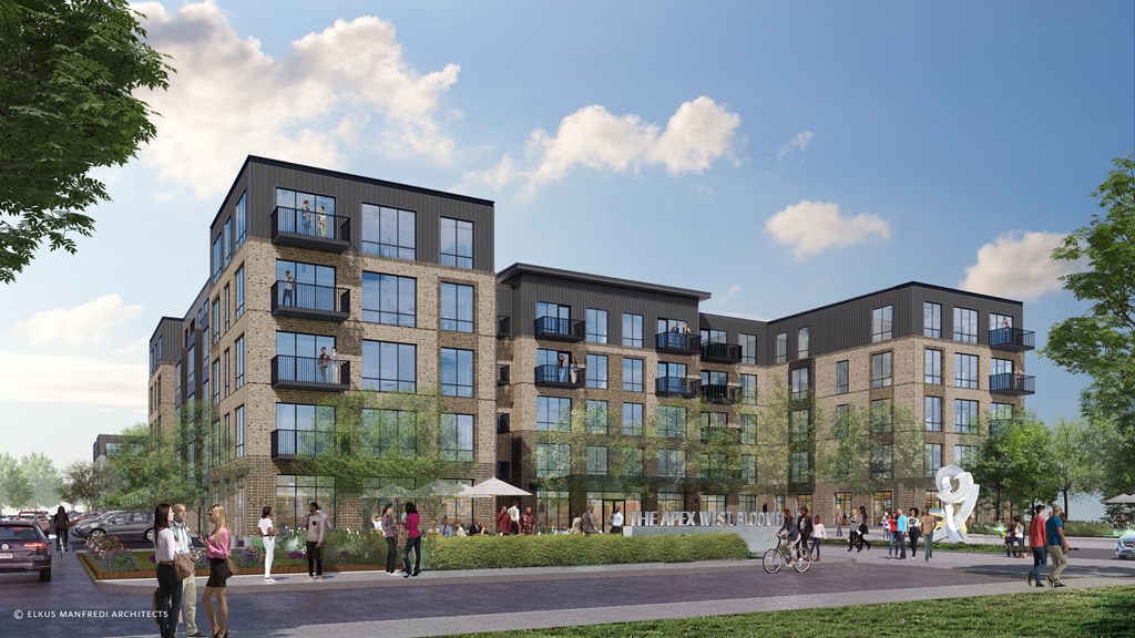 a rendering of a three story building with people walking in front of it