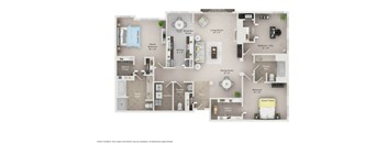 A floor plan of a two-bedroom apartment with a living room, dining room, kitchen, and bathrooms.
