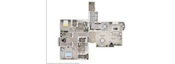 A floor plan of a two-bedroom apartment with a living room, kitchen, and bathrooms.