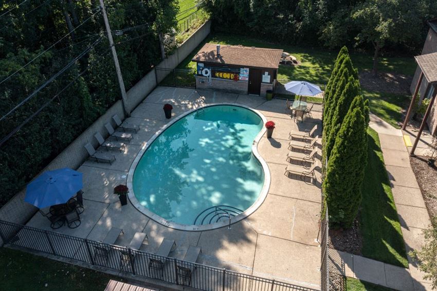 an aerial view of a backyard swimming pool - Photo Gallery