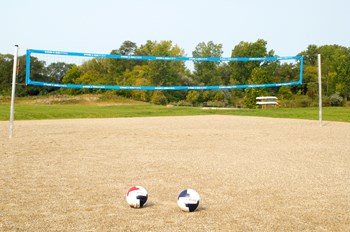 Outdoor sand volleyball court with a blue net. There are tow volleyballs on the court. Behind the court is a large grassy field and woods. - Photo Gallery 27