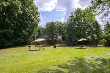 A backyard with a picnic table and a gazebo.
