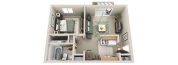 A 3D rendered image of a small apartment layout.