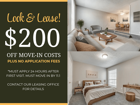 A promotional image for a lease offer with a $200 discount on move-in costs and no application fees.