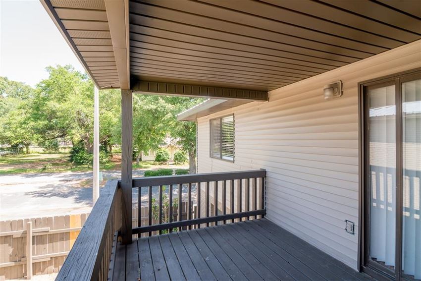 Large wooden balcony.