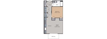 the A1 one bedroom floor plan at Flats at Iron Ridge luxury apartments at Flats at Iron Ridge, Ferndale