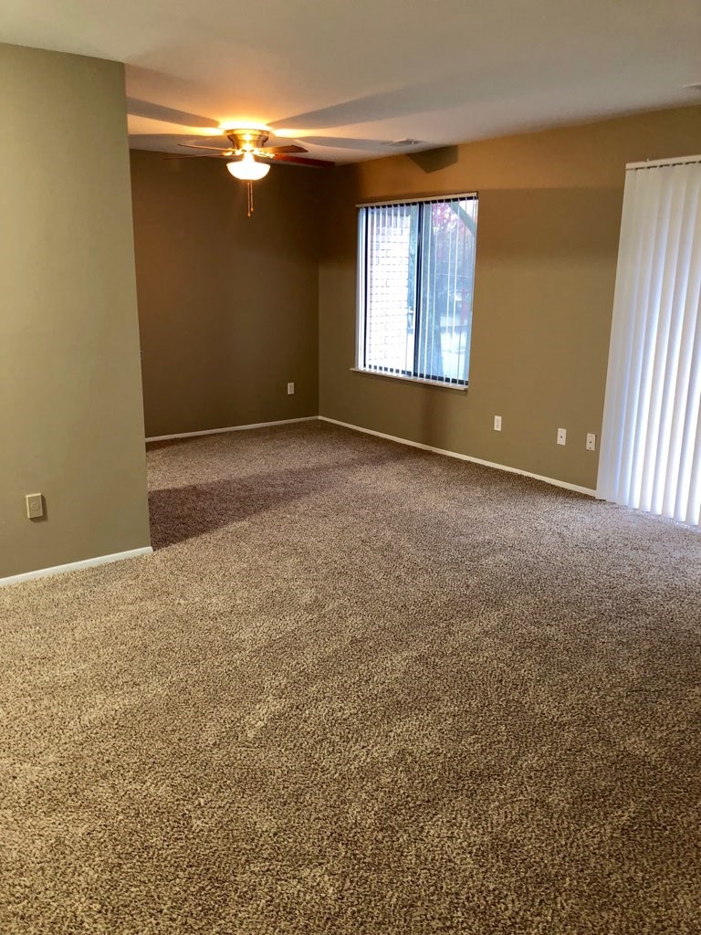 an empty living room with carpet and a window