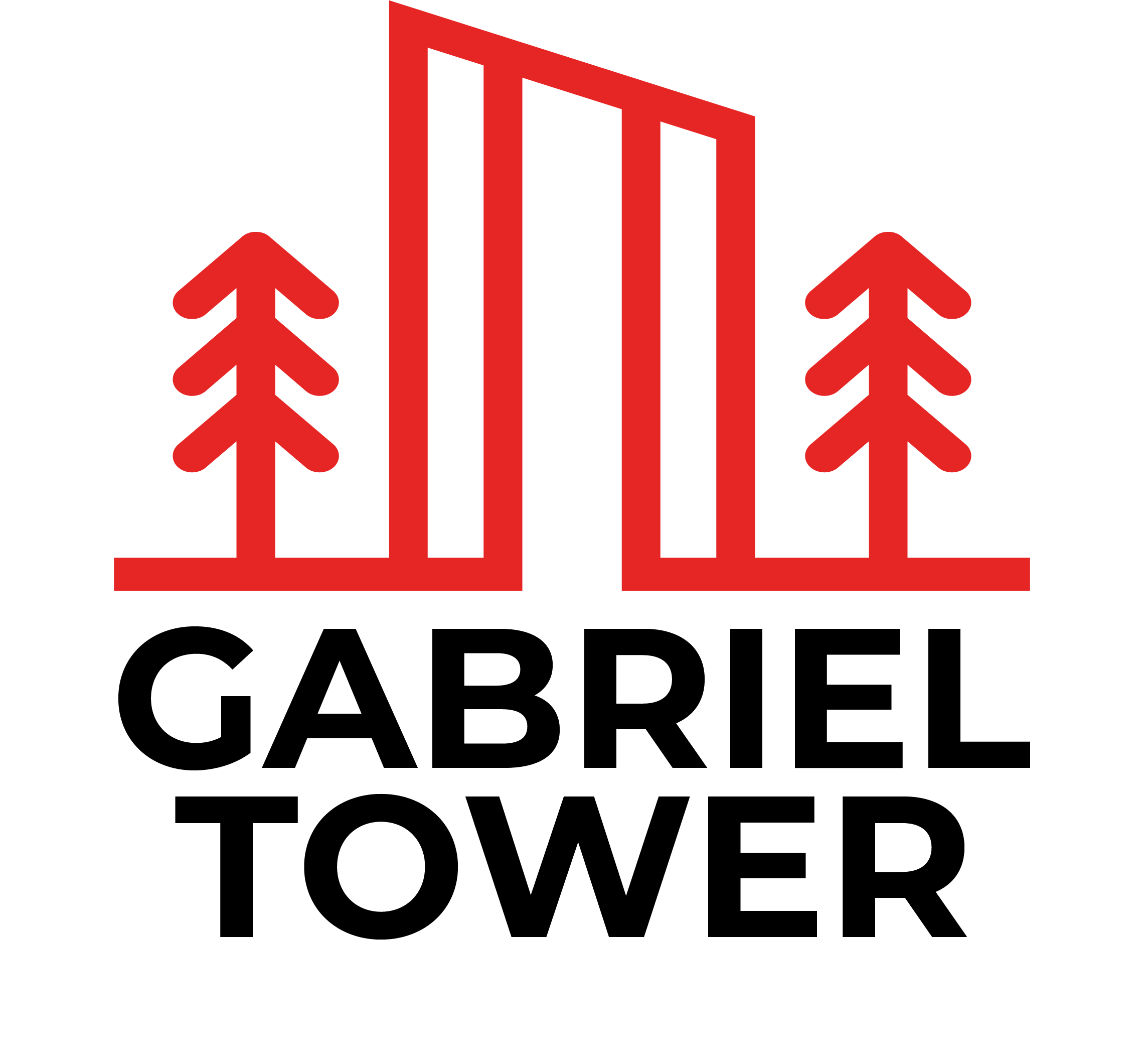 The image shows a logo with the name "GABRIEL TOWER" and a graphic of three trees and three vertical lines.