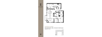 A floor plan of a two bedroom granite island den with two baths.