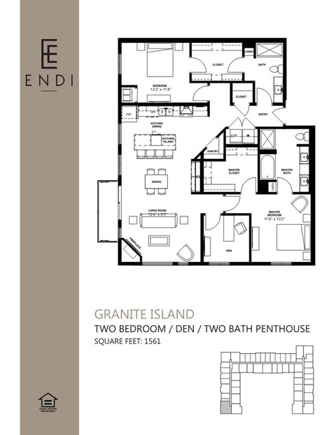 A floor plan of a two bedroom granite island den with two baths.
