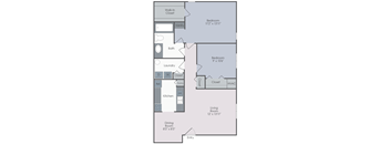 Two bedroom, one bathroom two dimensional floor plan.