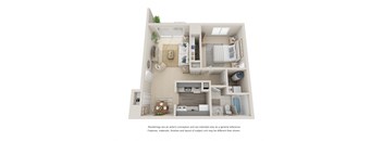 One bedroom, one bathroom three dimensional floor plan.