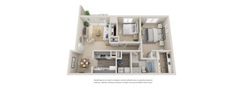 Two bedroom, one bathroom three dimensional floor plan.