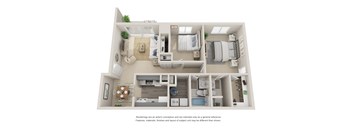 Two bedroom, two bathroom three dimensional floor plan.