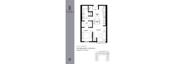 A floor plan of a one bedroom, one bath apartment.