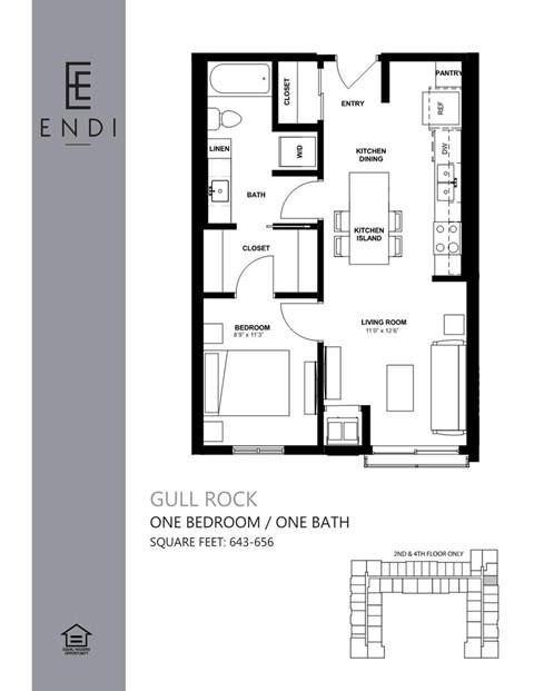 A floor plan of a one bedroom, one bath apartment.