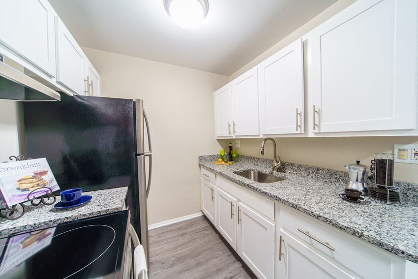 Beautiful Renovated Kitchen Grey hardwood like flooring with white cabinets, stainless steal appliances, and grey and white stone counter tops. - Photo Gallery