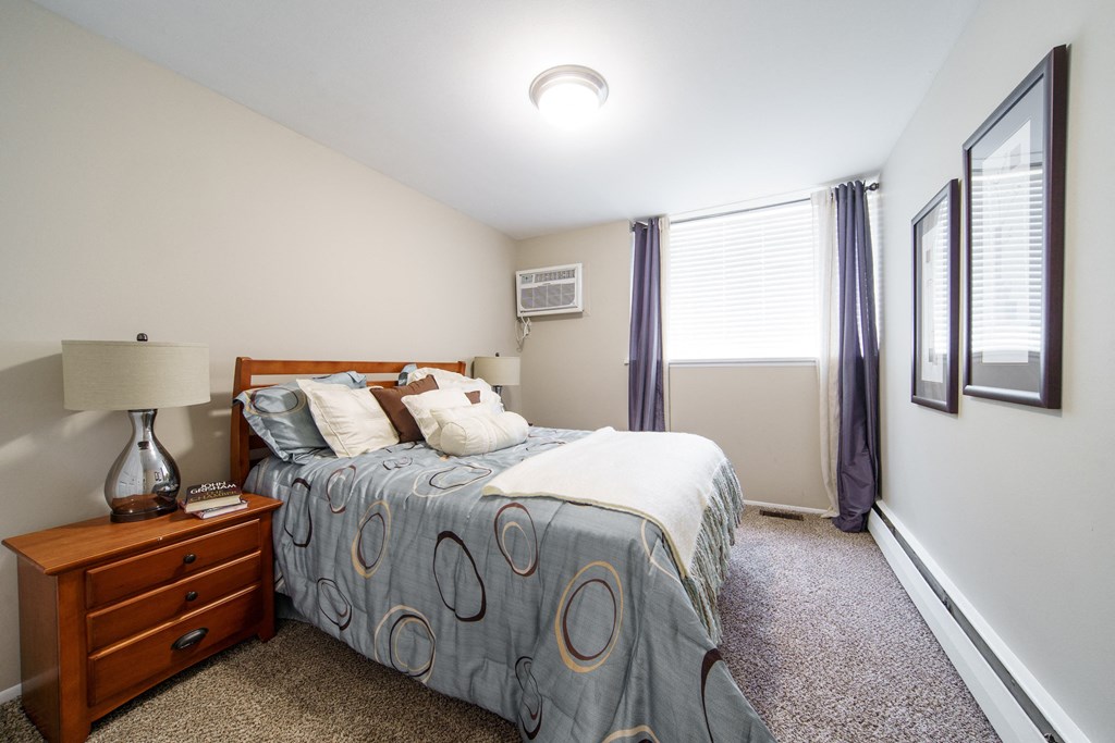 Welcoming Bedroom With Natural Light Bedroom with plush carpeting, bed with blue bedding, and wooded nightstand with lamp on top.