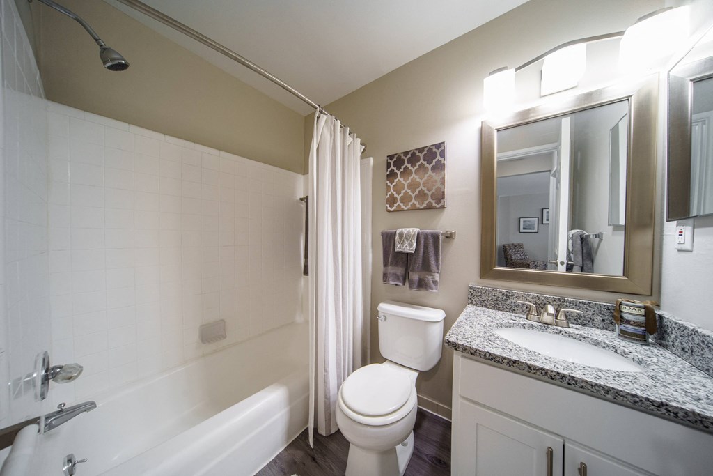 Renovated Bathroom Bathroom with tub/shower combo, white cabinets, modern grey and white counters.