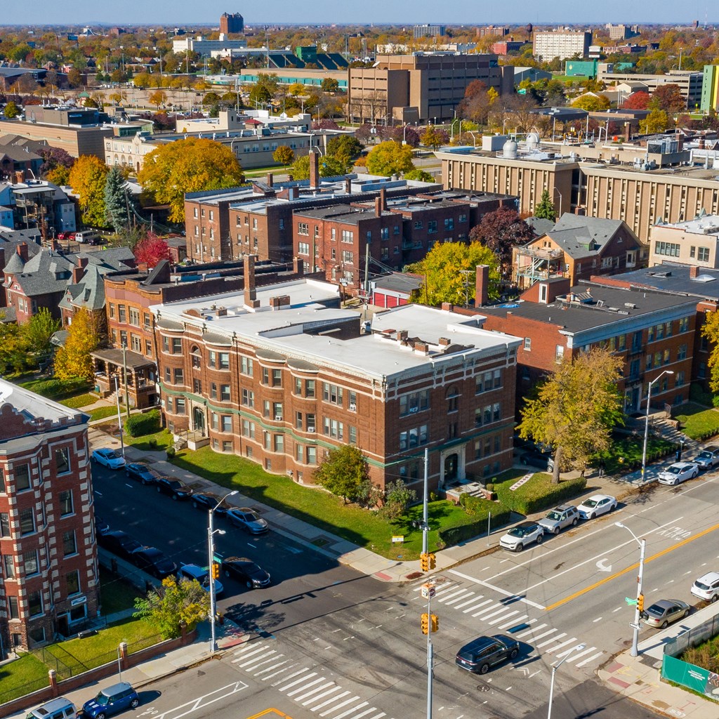 an aerial view of a building in a city
