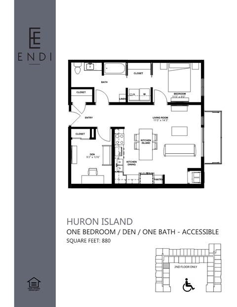 A floor plan for a one bedroom, one bath accessible apartment.