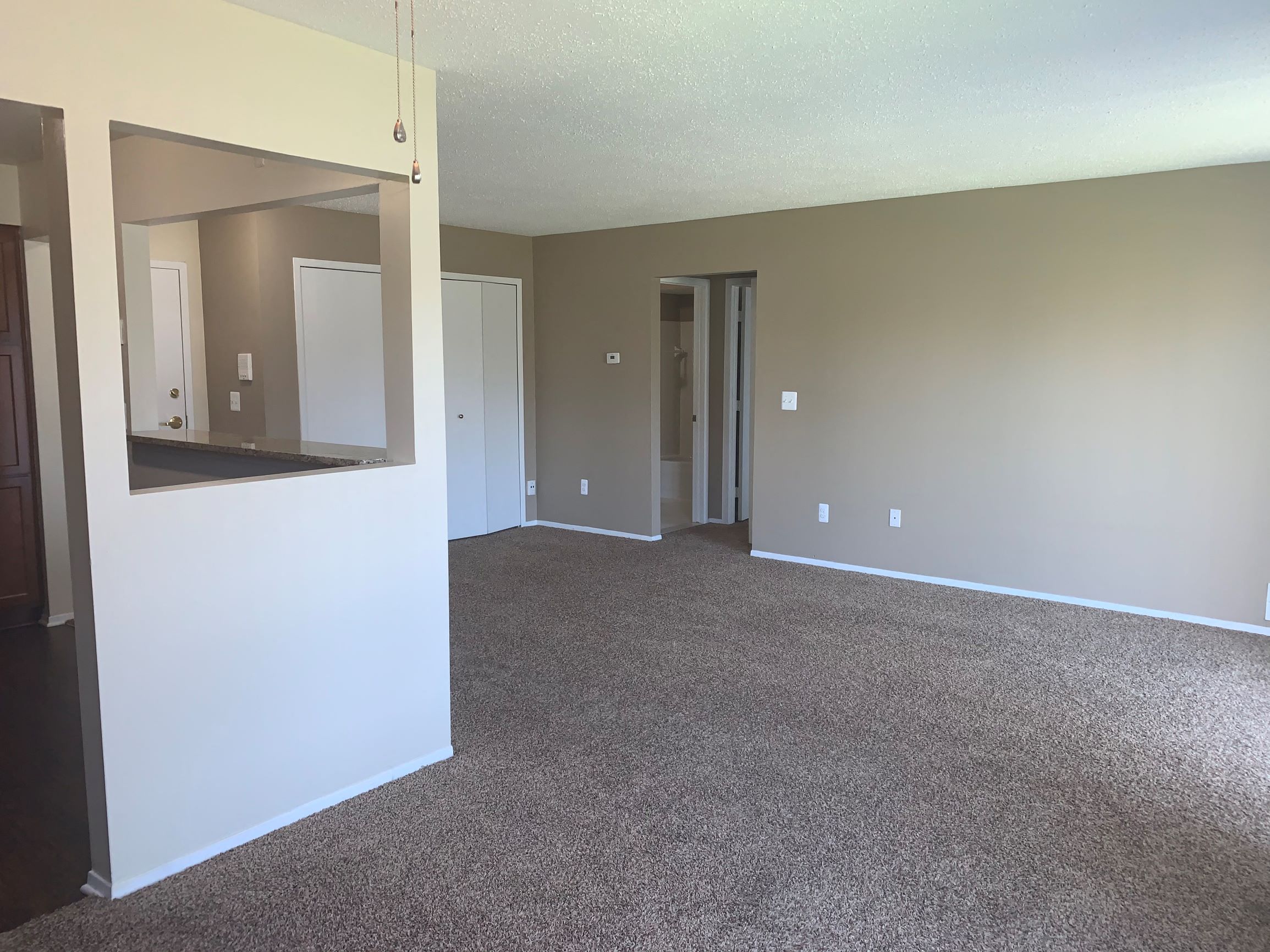 an empty living room with carpeting and a large mirror