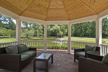 Interior of gazebo with patio furniture