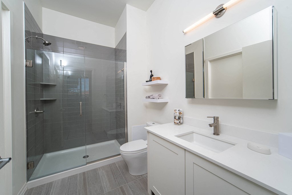 a bathroom with a sink toilet and a shower